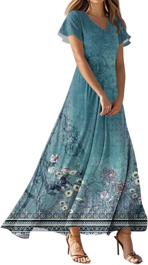 Summer Dresses for Women 2025 Casual Trendy Short Sleeve V-Neck Vintage Floral Print Flowy Boho Maxi Drees, XS-2XL