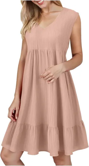 Summer Dresses for Women 2025 Casual Vacation Sleeveless V Neck Mini Tank Dress Pleated Ruffle Flowy A Line Beach Sundresses