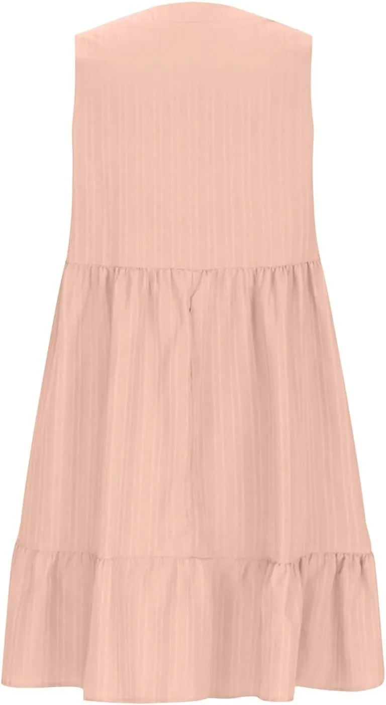 Summer Dresses for Women 2025 Casual Vacation Sleeveless V Neck Mini Tank Dress Pleated Ruffle Flowy A Line Beach Sundresses