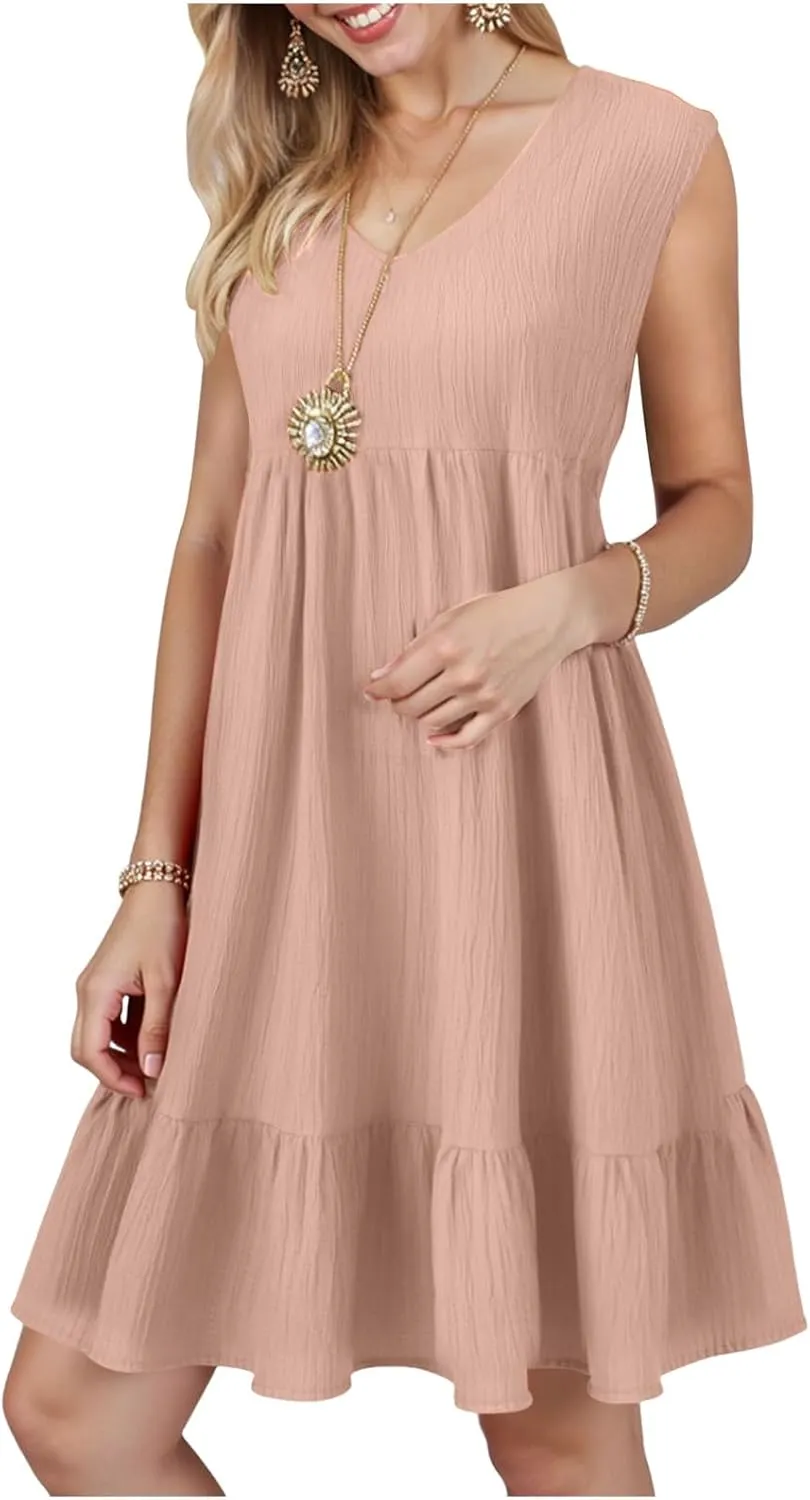 Summer Dresses for Women 2025 Casual Vacation Sleeveless V Neck Mini Tank Dress Pleated Ruffle Flowy A Line Beach Sundresses