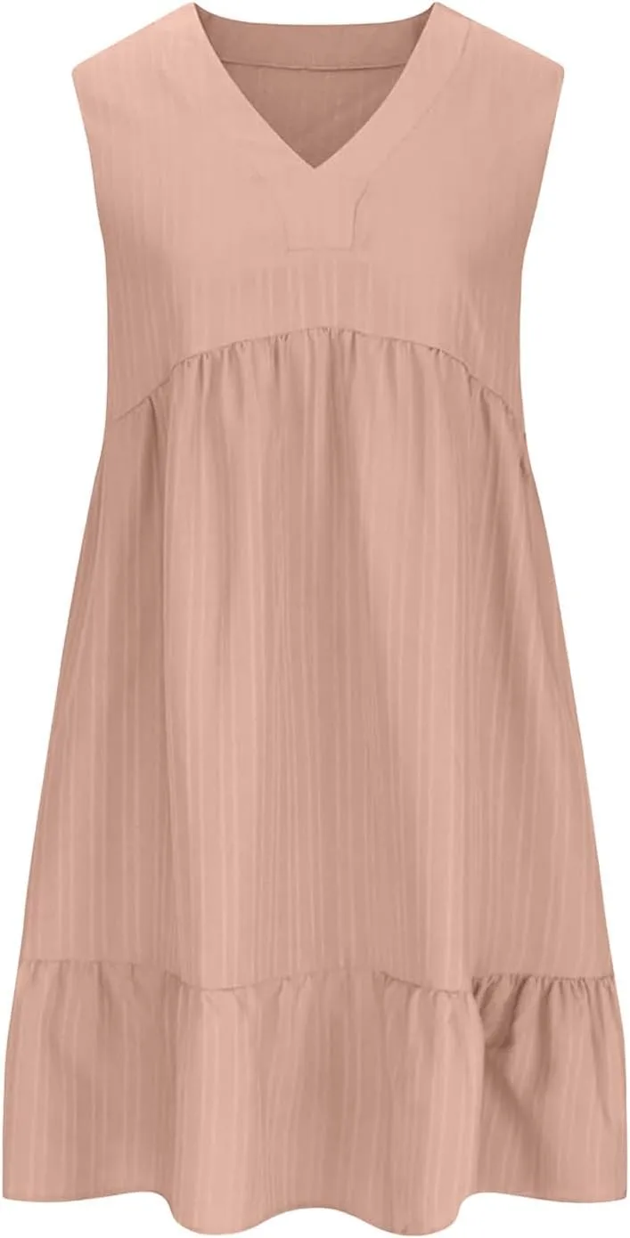 Summer Dresses for Women 2025 Casual Vacation Sleeveless V Neck Mini Tank Dress Pleated Ruffle Flowy A Line Beach Sundresses