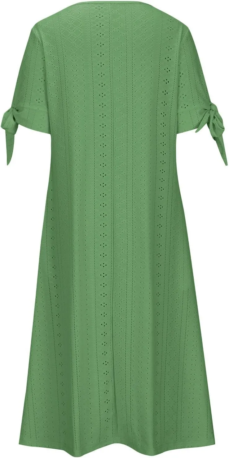 Summer Dresses for Women 2025 Eyelet Tshirt Dress Casual Beach Vacation Sundress V Neck Maxi Dress