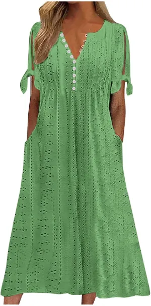 Summer Dresses for Women 2025 Eyelet Tshirt Dress Casual Beach Vacation Sundress V Neck Maxi Dress