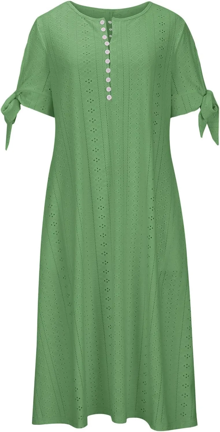 Summer Dresses for Women 2025 Eyelet Tshirt Dress Casual Beach Vacation Sundress V Neck Maxi Dress