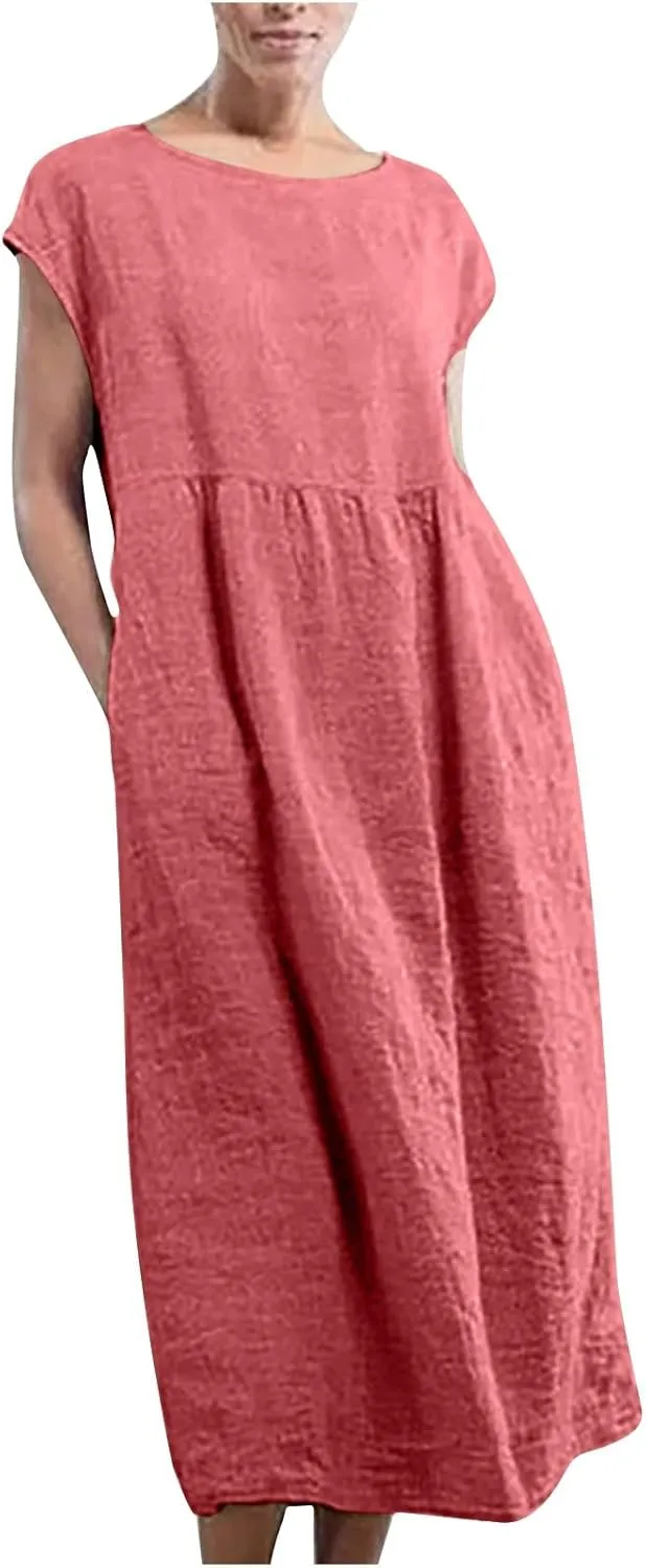 Summer Dresses for Women 2025 Plus Size Cotton Linen Beach Dress Casual A-Line Sleeveless Midi Sundress with Pockets