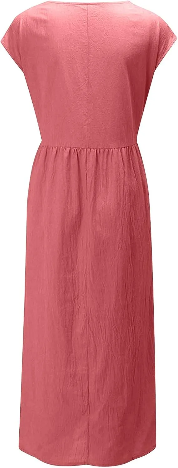 Summer Dresses for Women 2025 Plus Size Cotton Linen Beach Dress Casual A-Line Sleeveless Midi Sundress with Pockets