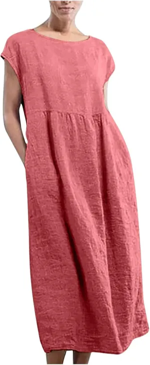 Summer Dresses for Women 2025 Plus Size Cotton Linen Beach Dress Casual A-Line Sleeveless Midi Sundress with Pockets