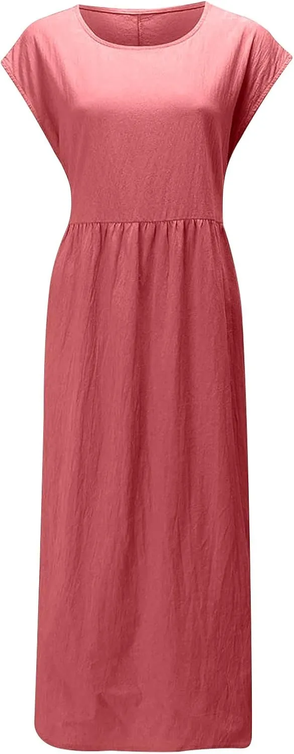 Summer Dresses for Women 2025 Plus Size Cotton Linen Beach Dress Casual A-Line Sleeveless Midi Sundress with Pockets
