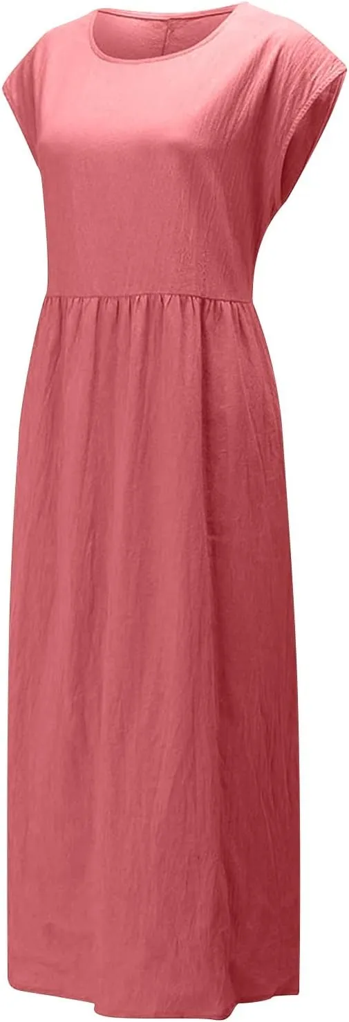 Summer Dresses for Women 2025 Plus Size Cotton Linen Beach Dress Casual A-Line Sleeveless Midi Sundress with Pockets