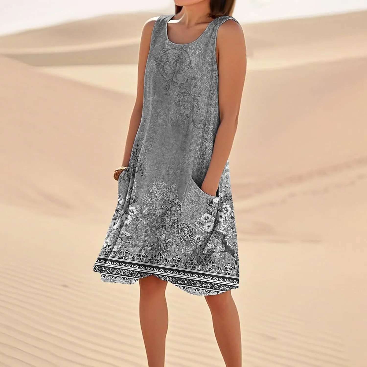 Summer Dresses for Women 2025 Sleeveless Cotton Linen Tank Dress Plus Size Floral Print Beach Sundress with Pockets