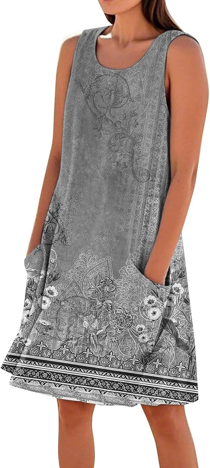 Summer Dresses for Women 2025 Sleeveless Cotton Linen Tank Dress Plus Size Floral Print Beach Sundress with Pockets