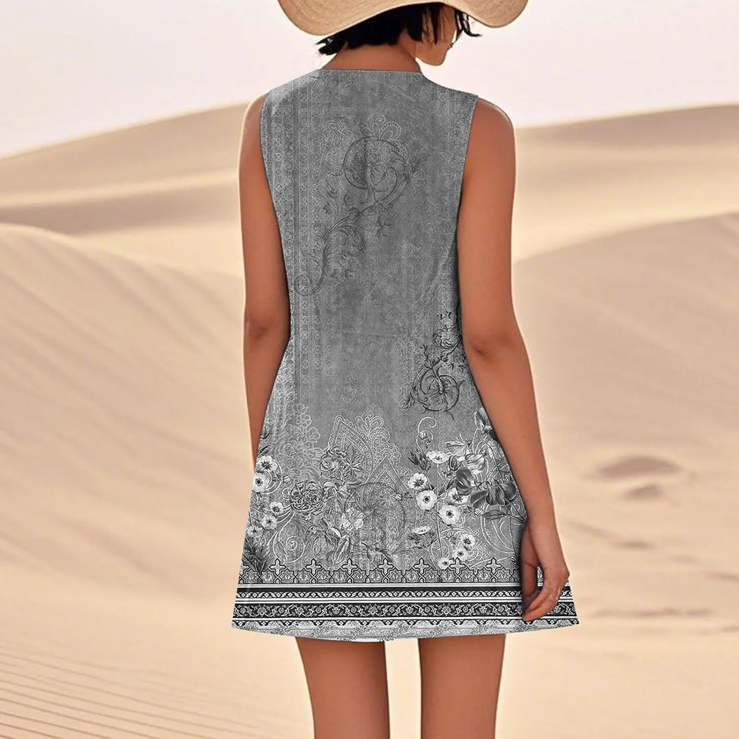 Summer Dresses for Women 2025 Sleeveless Cotton Linen Tank Dress Plus Size Floral Print Beach Sundress with Pockets