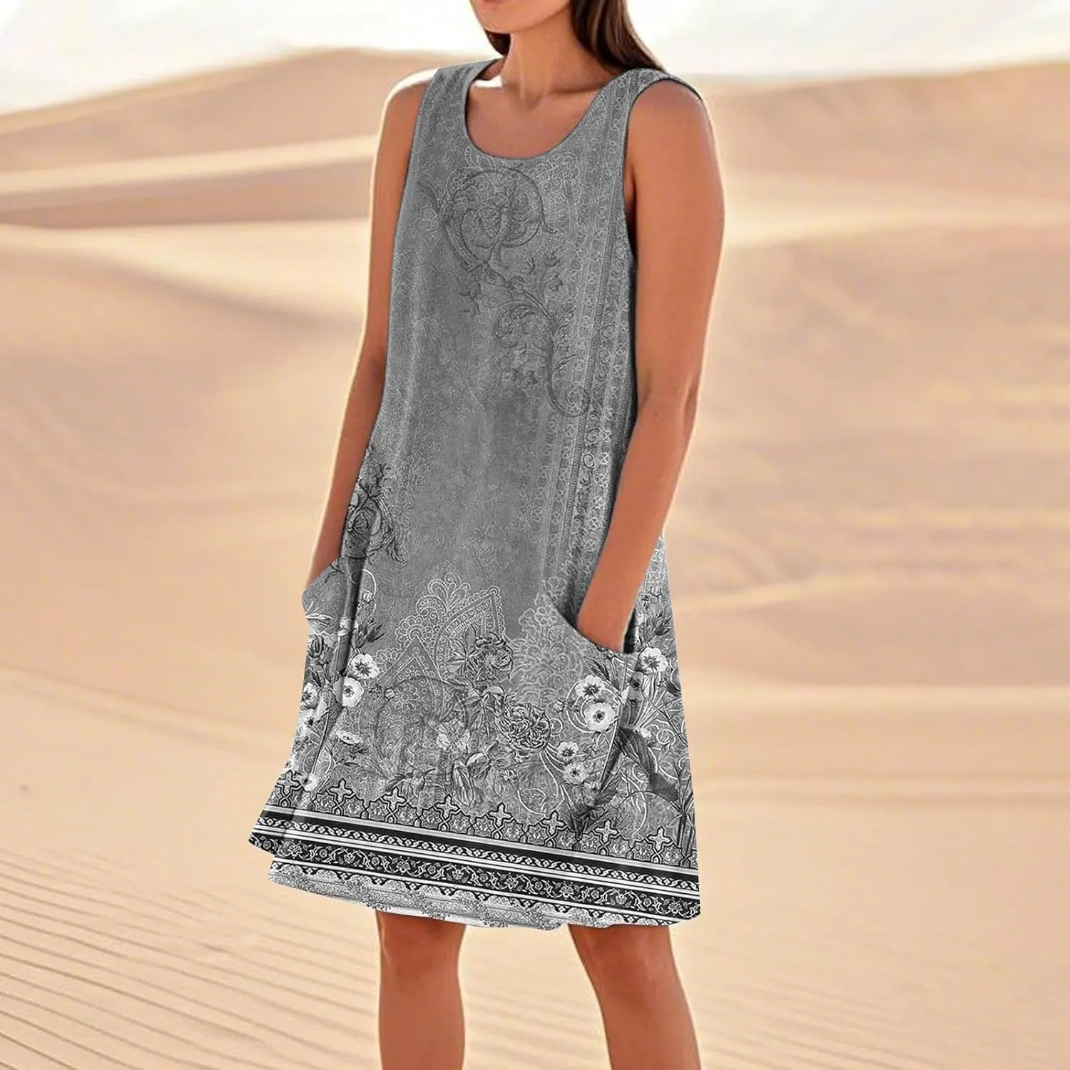 Summer Dresses for Women 2025 Sleeveless Cotton Linen Tank Dress Plus Size Floral Print Beach Sundress with Pockets