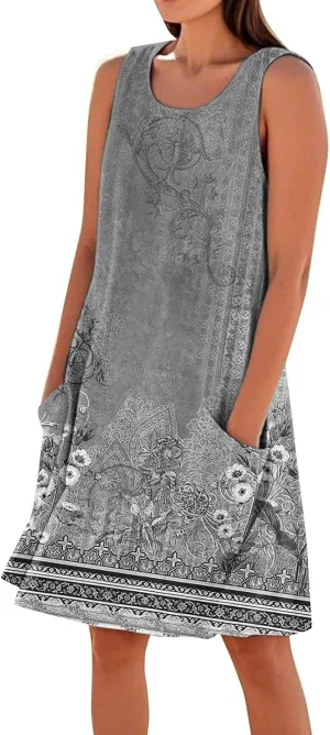 Summer Dresses for Women 2025 Sleeveless Cotton Linen Tank Dress Plus Size Floral Print Beach Sundress with Pockets