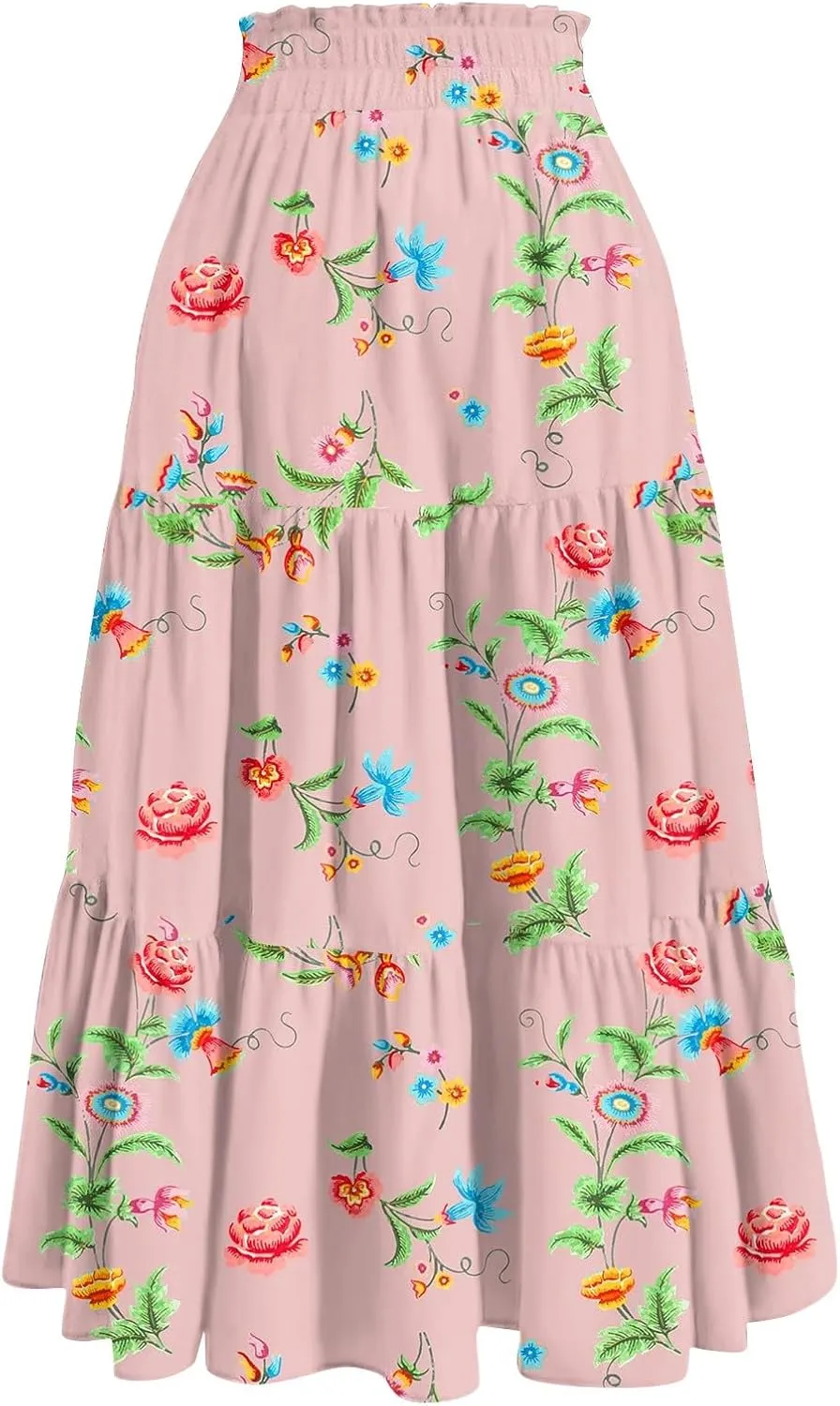Summer Maxi Skirts for Women 2025 Boho Drawstring Elastic High Waist Long Skirts A Line Floral Pleated Tiered Skirt