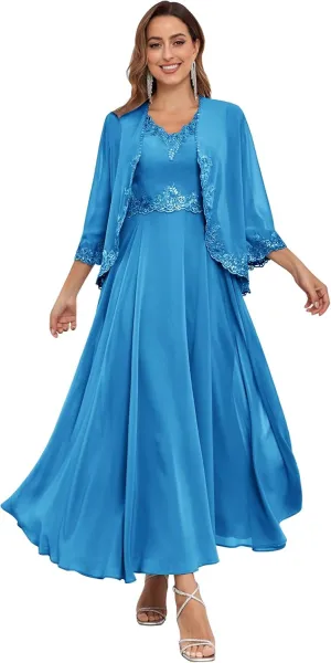 Tea Length 2 Pieces Mother of The Bride Dress with Jacket 3/4 Sleeve Lace Chiffon Evening Formal Dresses for Wedding