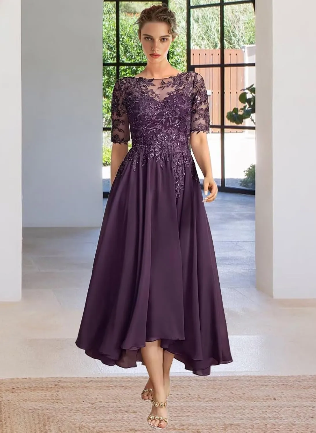 Tea Length Mother of The Bride Dresses Lace Applique Formal Dress Short Sleeve High Low Evening Gowns for Women