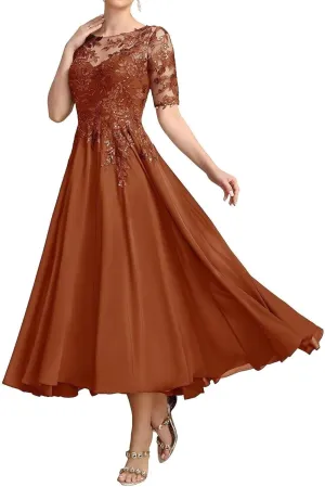 Tea Length Mother of The Bride Dresses Lace Applique Formal Dress Short Sleeve High Low Evening Gowns for Women