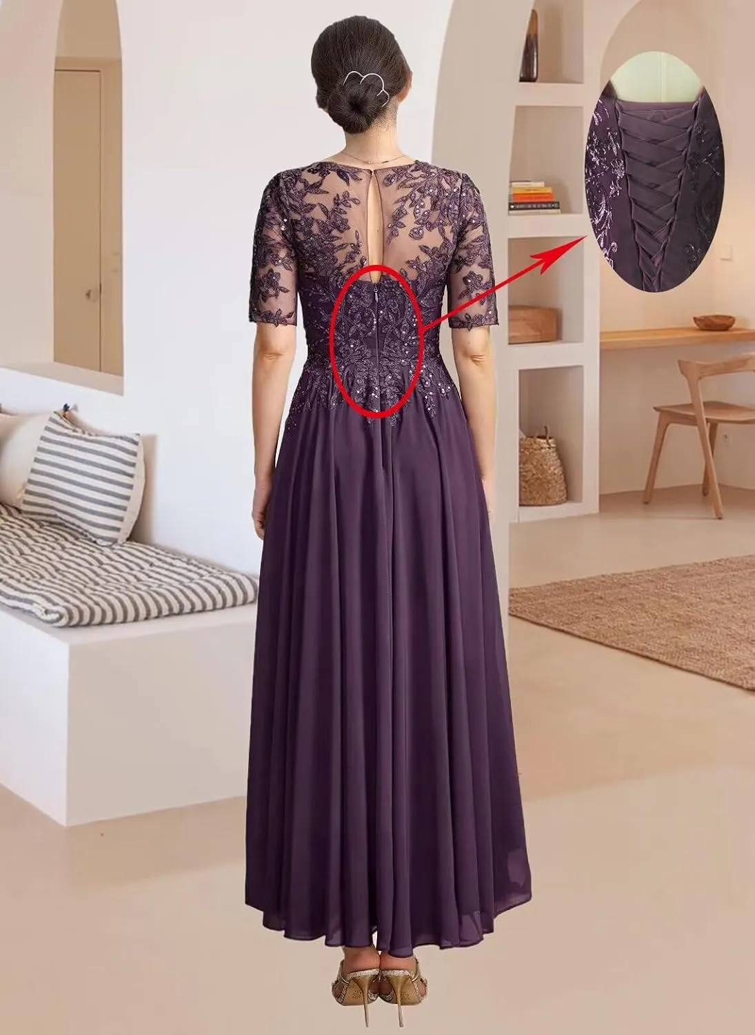 Tea Length Mother of The Bride Dresses Lace Applique Formal Dress Short Sleeve High Low Evening Gowns for Women