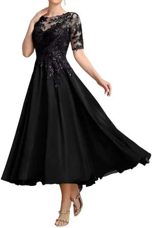 Tea Length Mother of The Bride Dresses Lace Applique Formal Dress Short Sleeve High Low Evening Gowns for Women