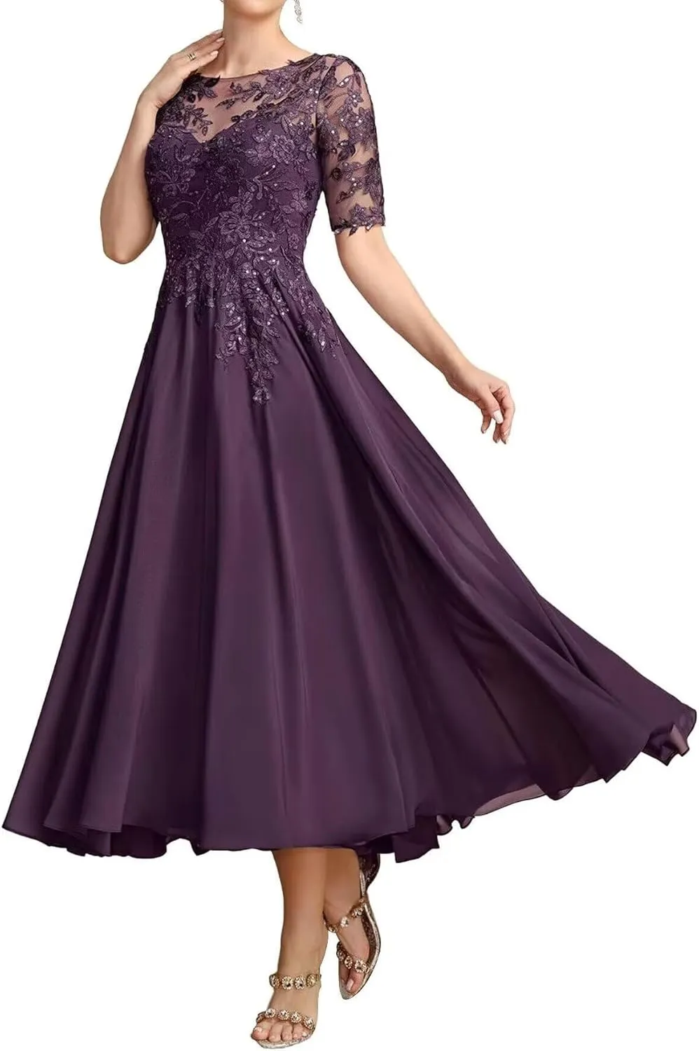 Tea Length Mother of The Bride Dresses Lace Applique Formal Dress Short Sleeve High Low Evening Gowns for Women