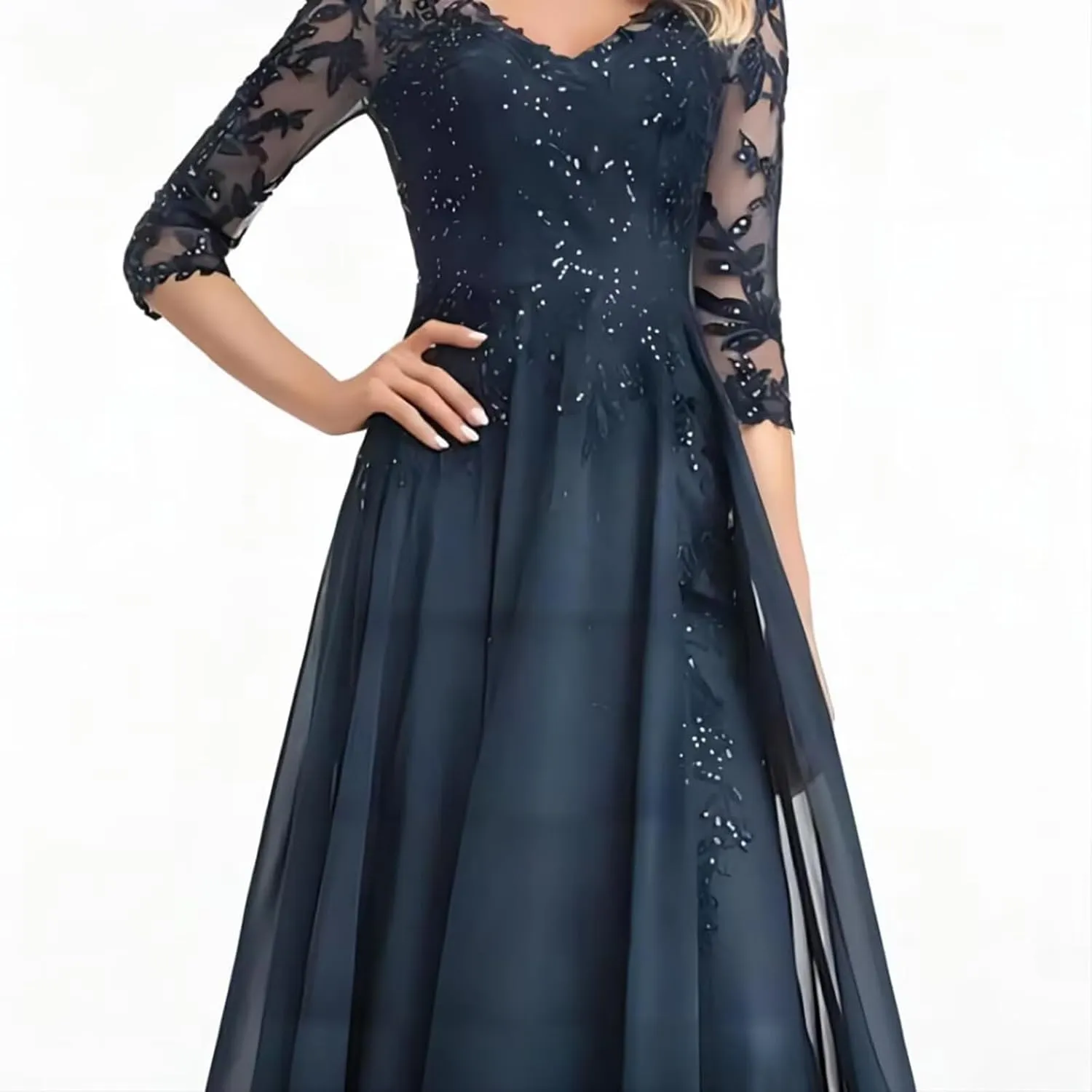 V Neck A Line Chiffon Mother of The Bride Dresses Women's Short Sleeve Sequins Lace Applique Wedding Guest Gowns