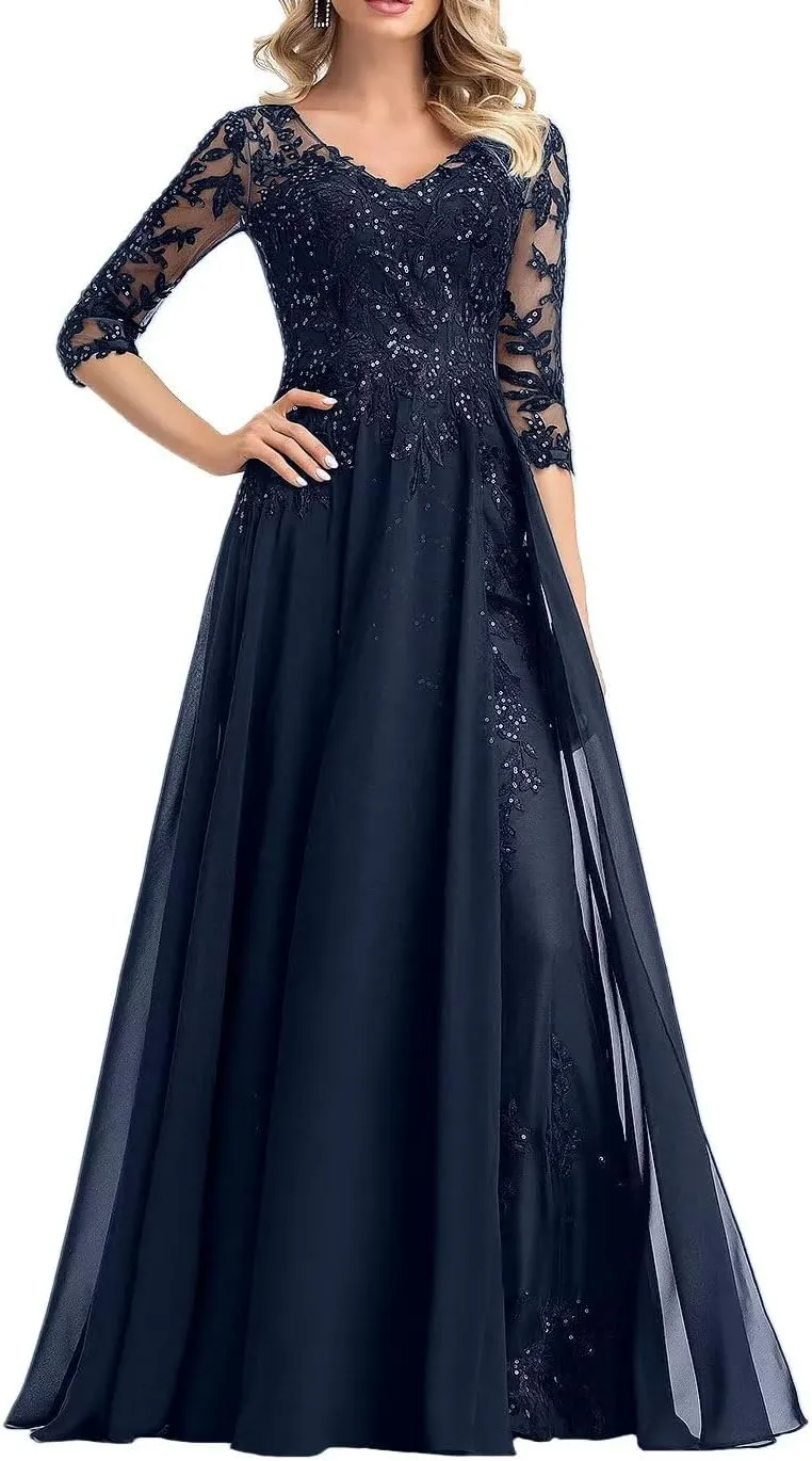 V Neck A Line Chiffon Mother of The Bride Dresses Women's Short Sleeve Sequins Lace Applique Wedding Guest Gowns