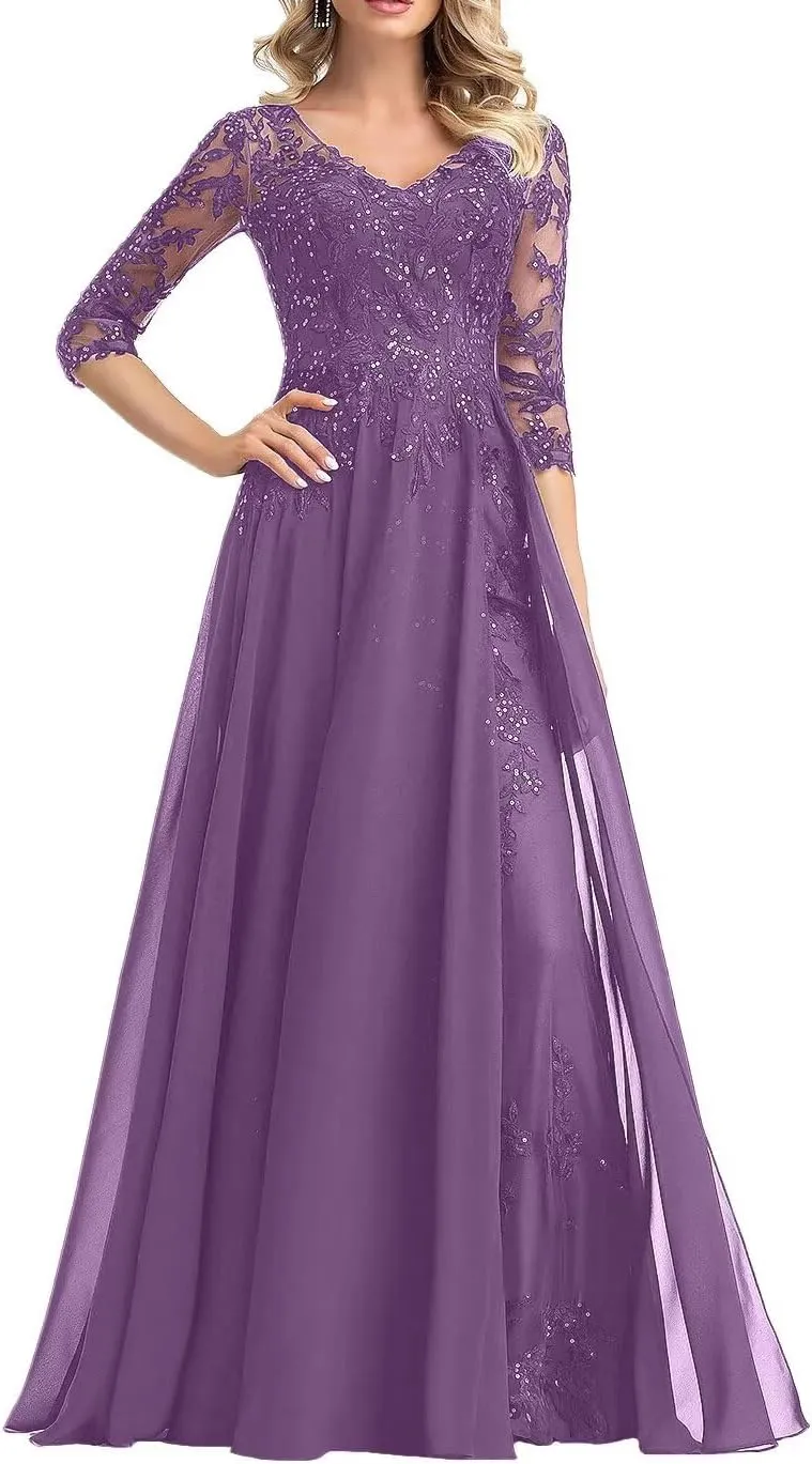V Neck A Line Chiffon Mother of The Bride Dresses Women's Short Sleeve Sequins Lace Applique Wedding Guest Gowns