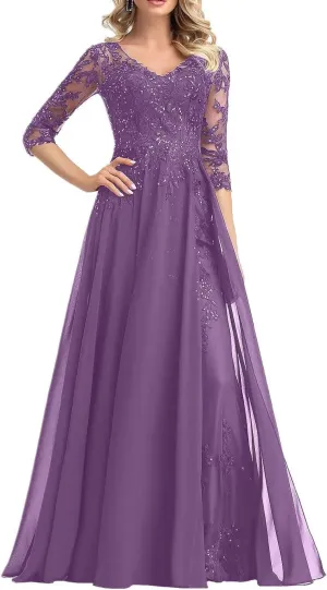 V Neck A Line Chiffon Mother of The Bride Dresses Women's Short Sleeve Sequins Lace Applique Wedding Guest Gowns