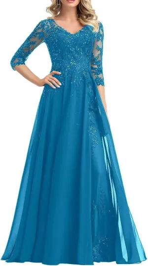 V Neck A Line Chiffon Mother of The Bride Dresses Women's Short Sleeve Sequins Lace Applique Wedding Guest Gowns