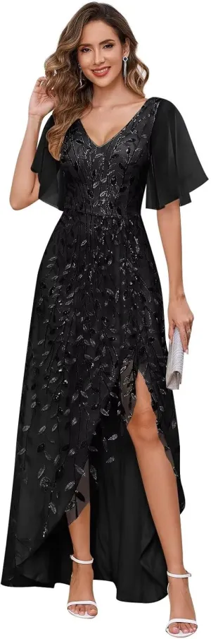 V Neck Sequin Mother of The Bride Dresses for Women Long Tulle Mermaid Formal Evening Dress with Sleeves
