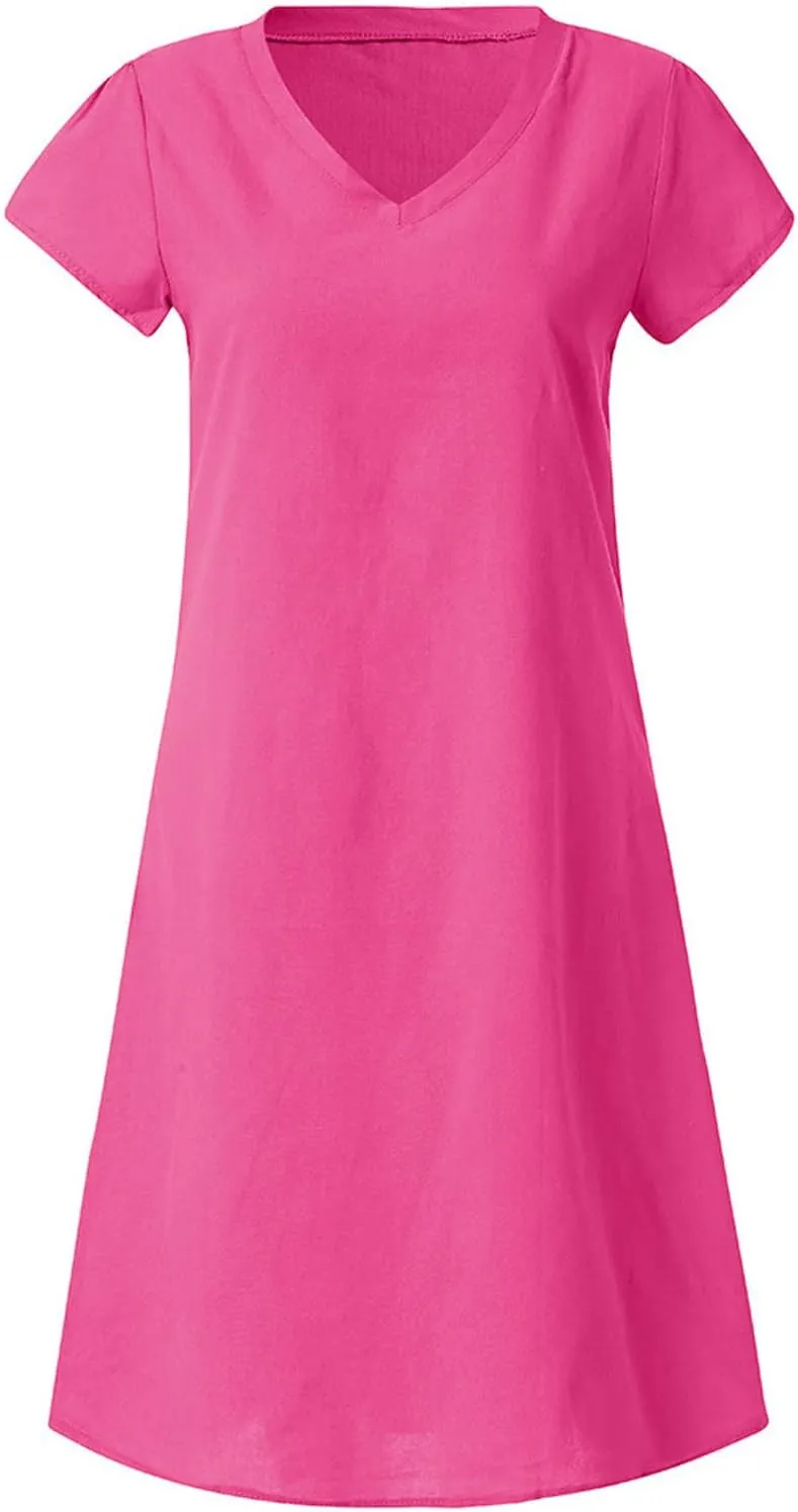 Vacation Dresses for Women Vintage Cotton Short Sleeve V Neck Midi Dress Summer Casual Loose Solid Beach Sundress
