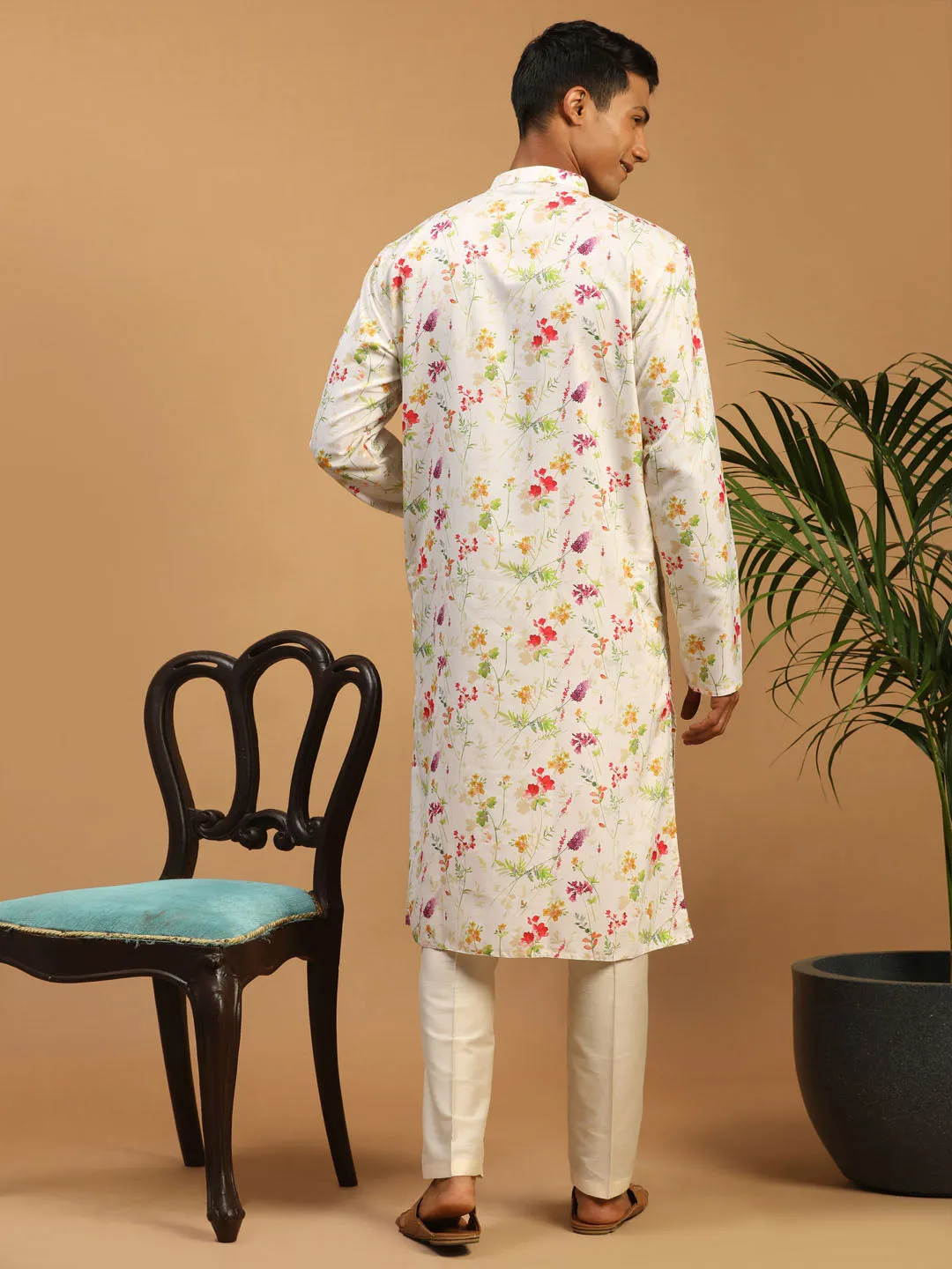 VASTRAMAY Men's Cream Printed Kurta Set