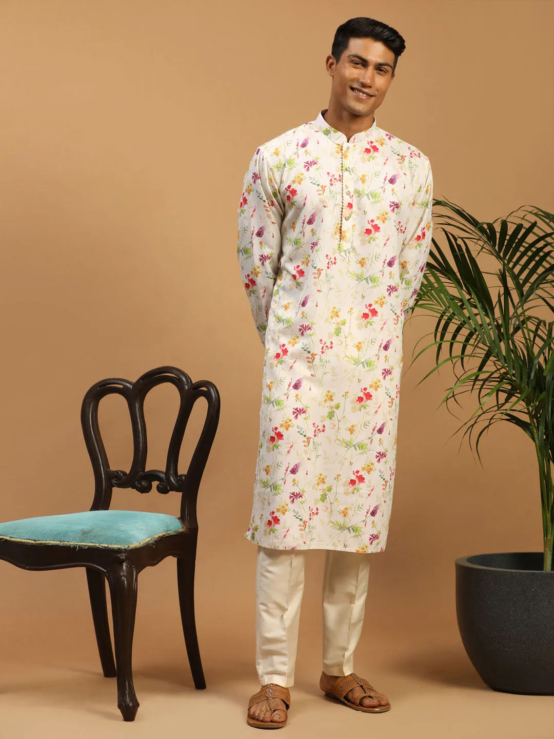 VASTRAMAY Men's Cream Printed Kurta Set