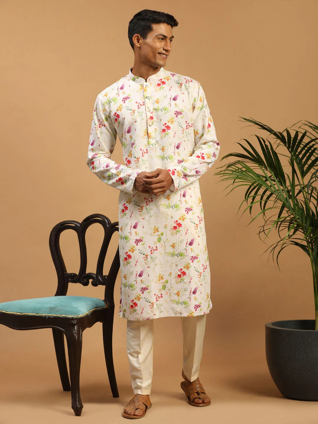VASTRAMAY Men's Cream Printed Kurta Set