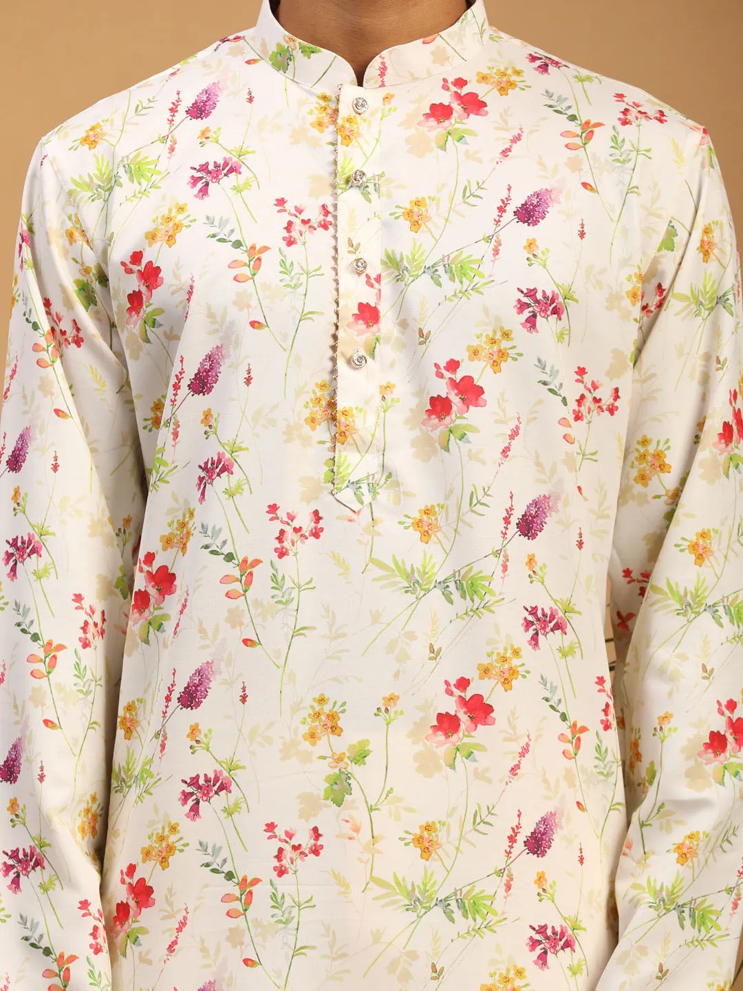 VASTRAMAY Men's Cream Printed Kurta Set
