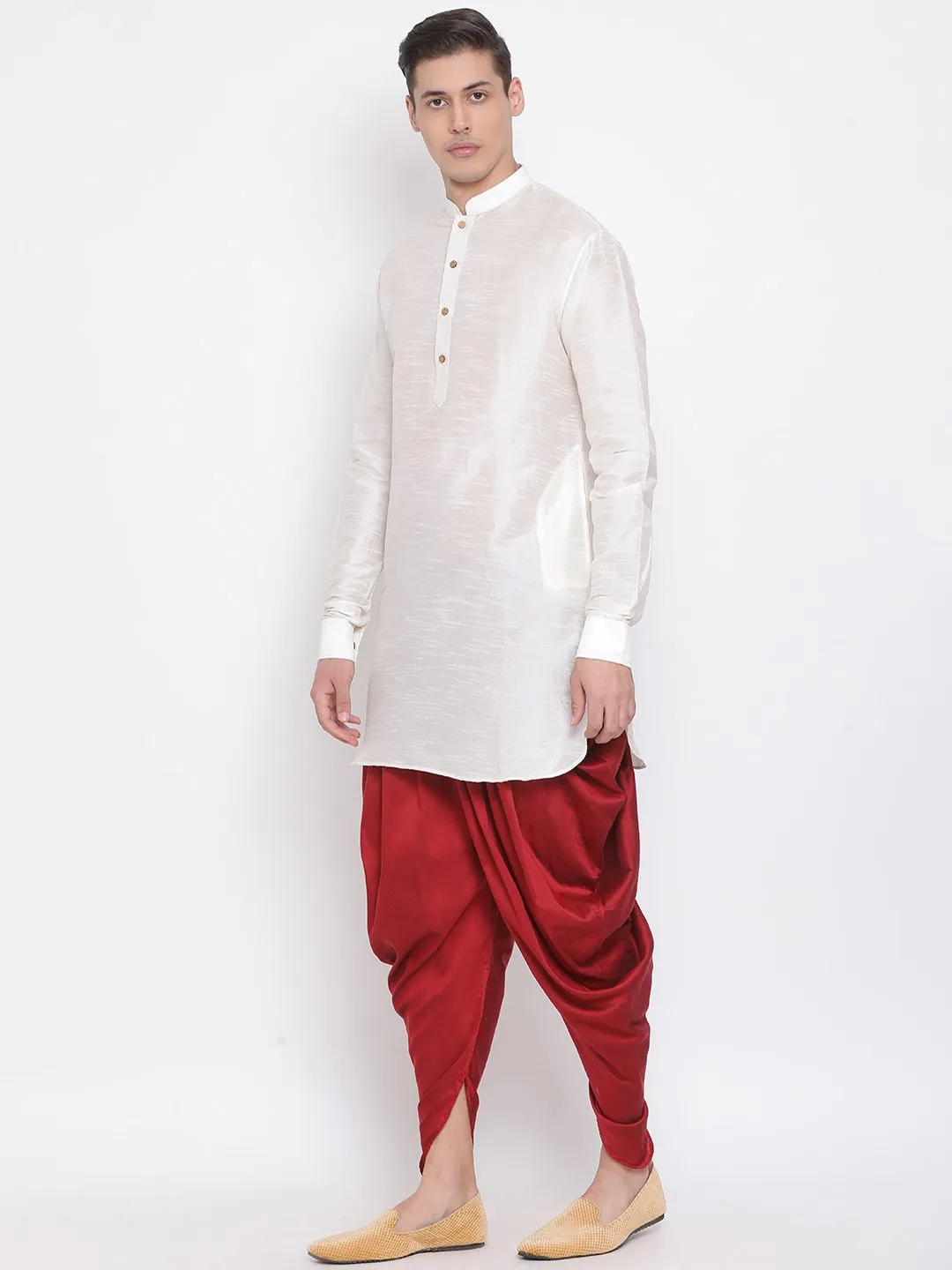 Vastramay Men's Cream Silk Kurta Dhoti