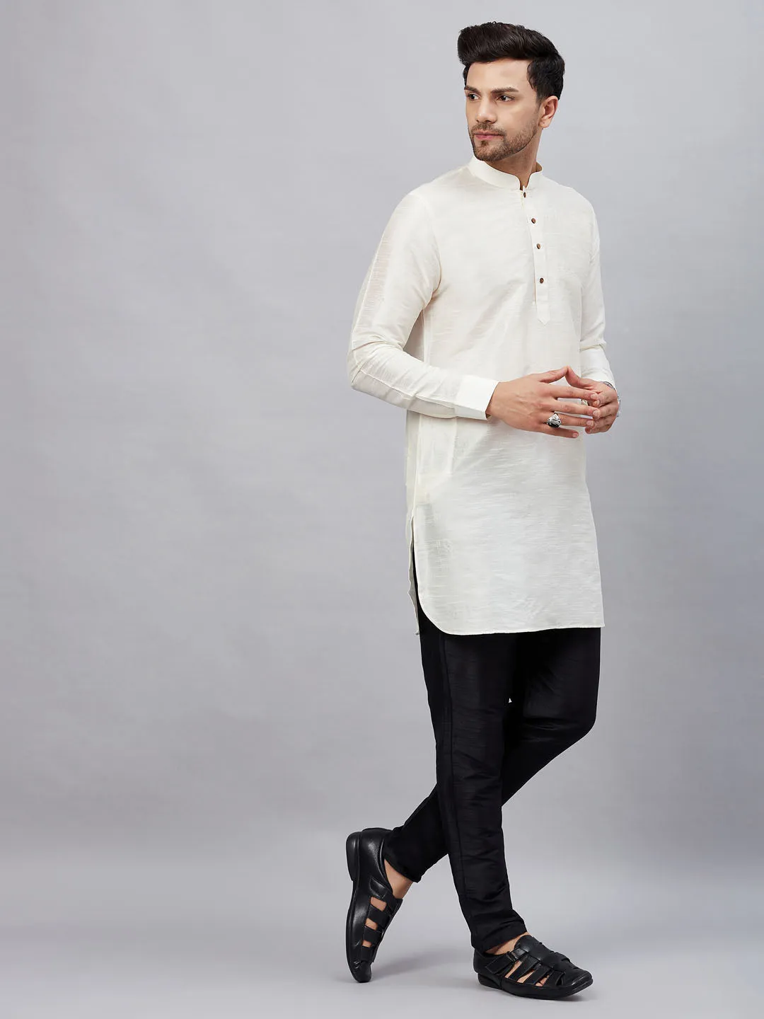 VASTRAMAY Men's Cream Silk Kurta Set