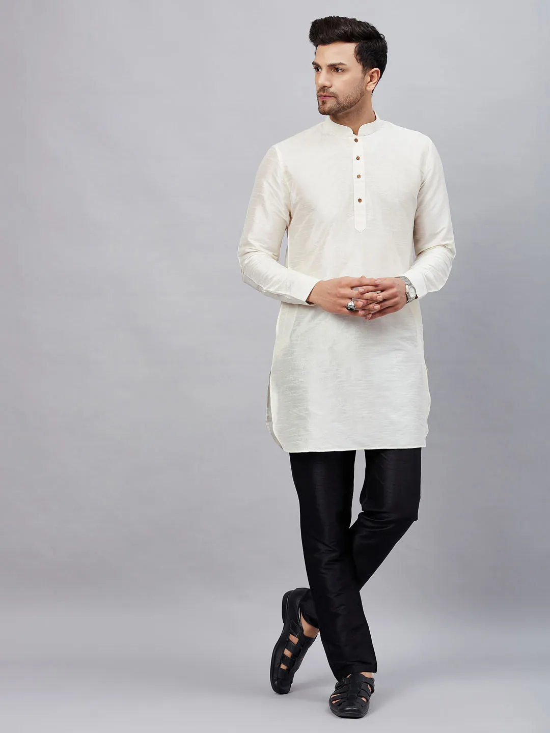 VASTRAMAY Men's Cream Silk Kurta Set