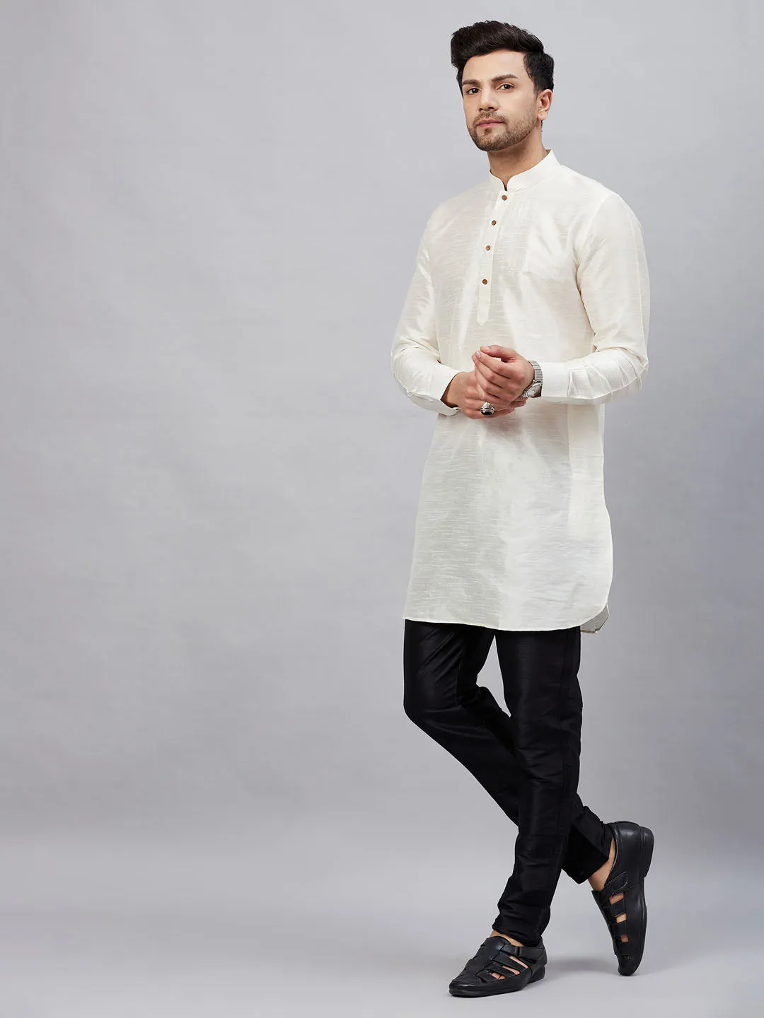 VASTRAMAY Men's Cream Silk Kurta Set
