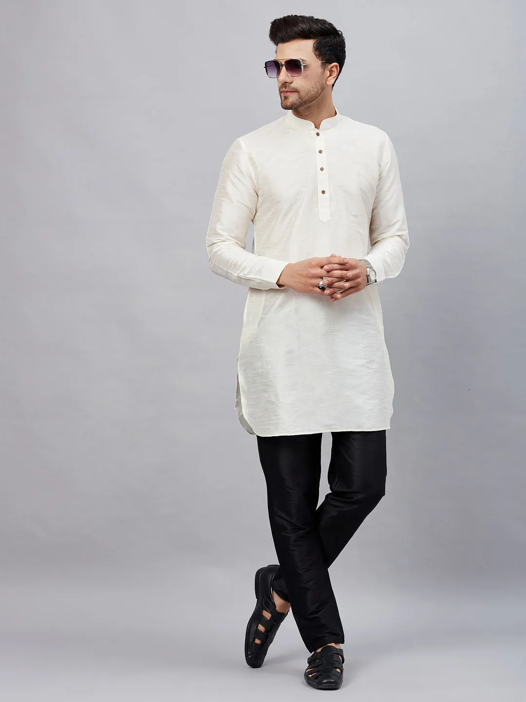 VASTRAMAY Men's Cream Silk Kurta Set