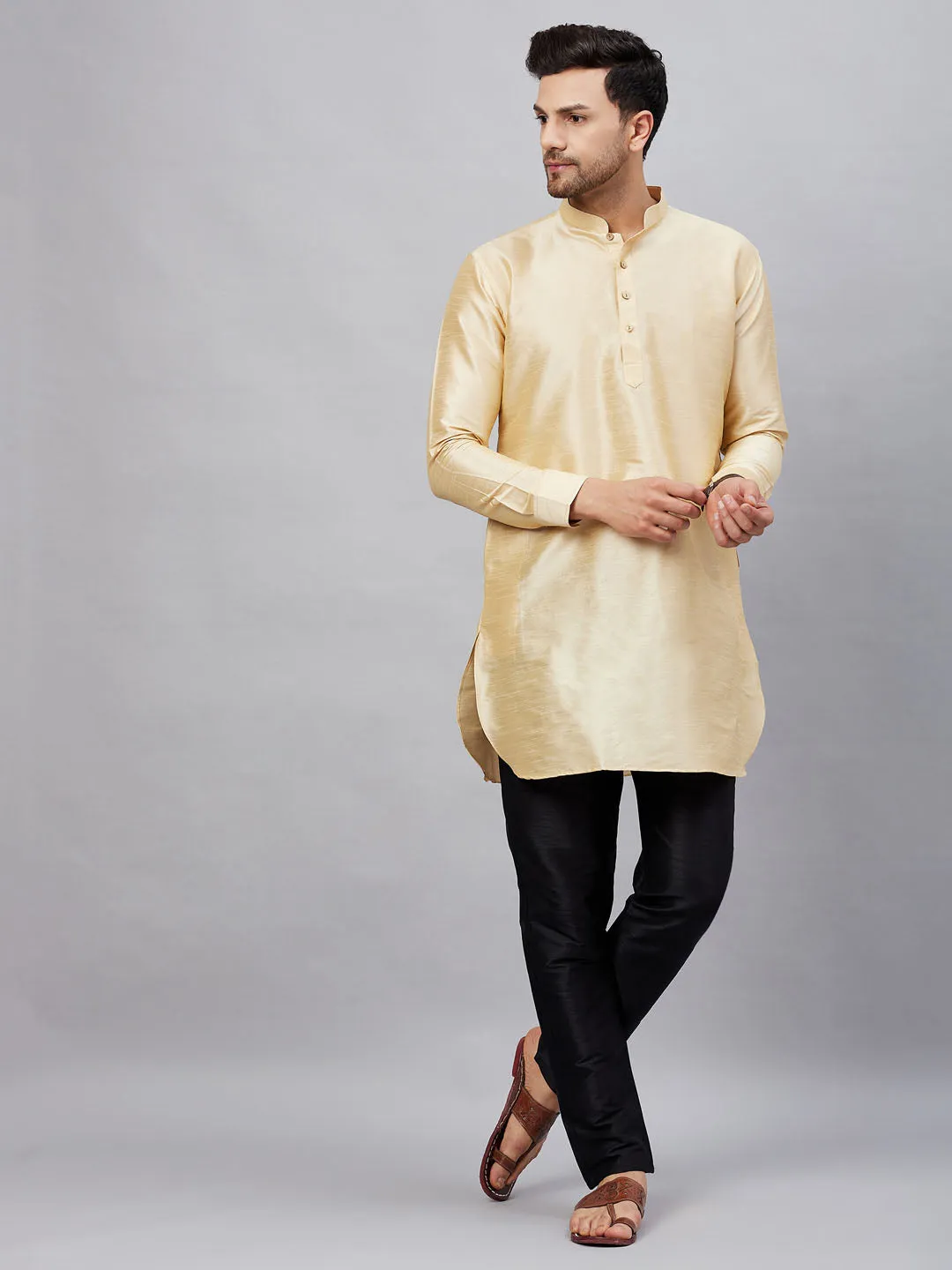 VASTRAMAY Men's Gold Silk Kurta Set