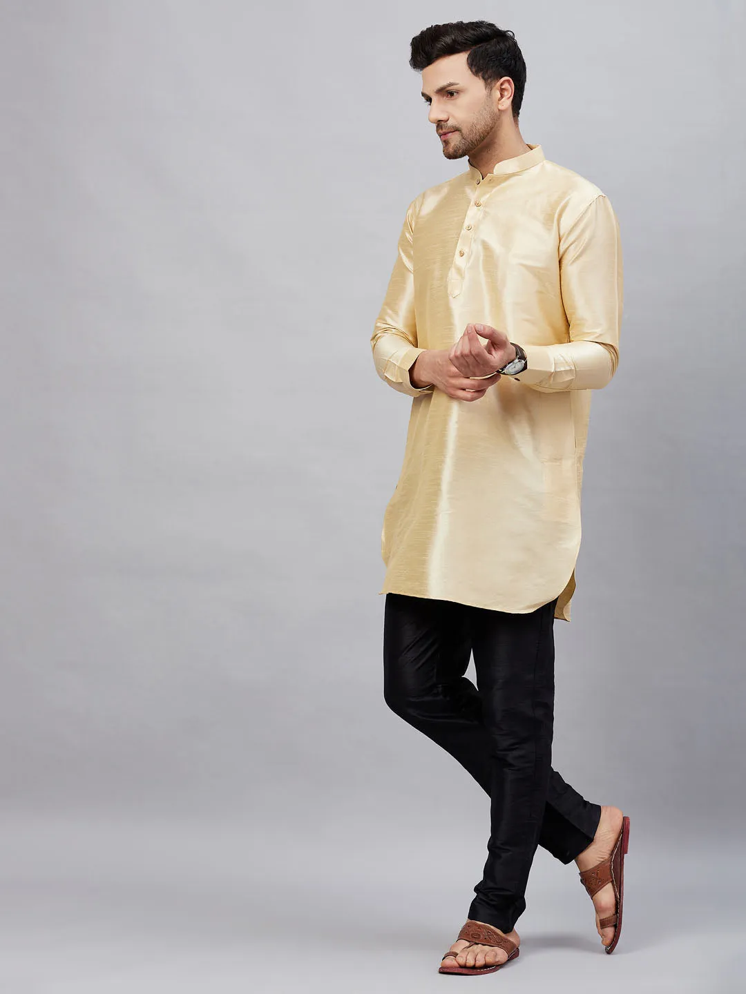 VASTRAMAY Men's Gold Silk Kurta Set