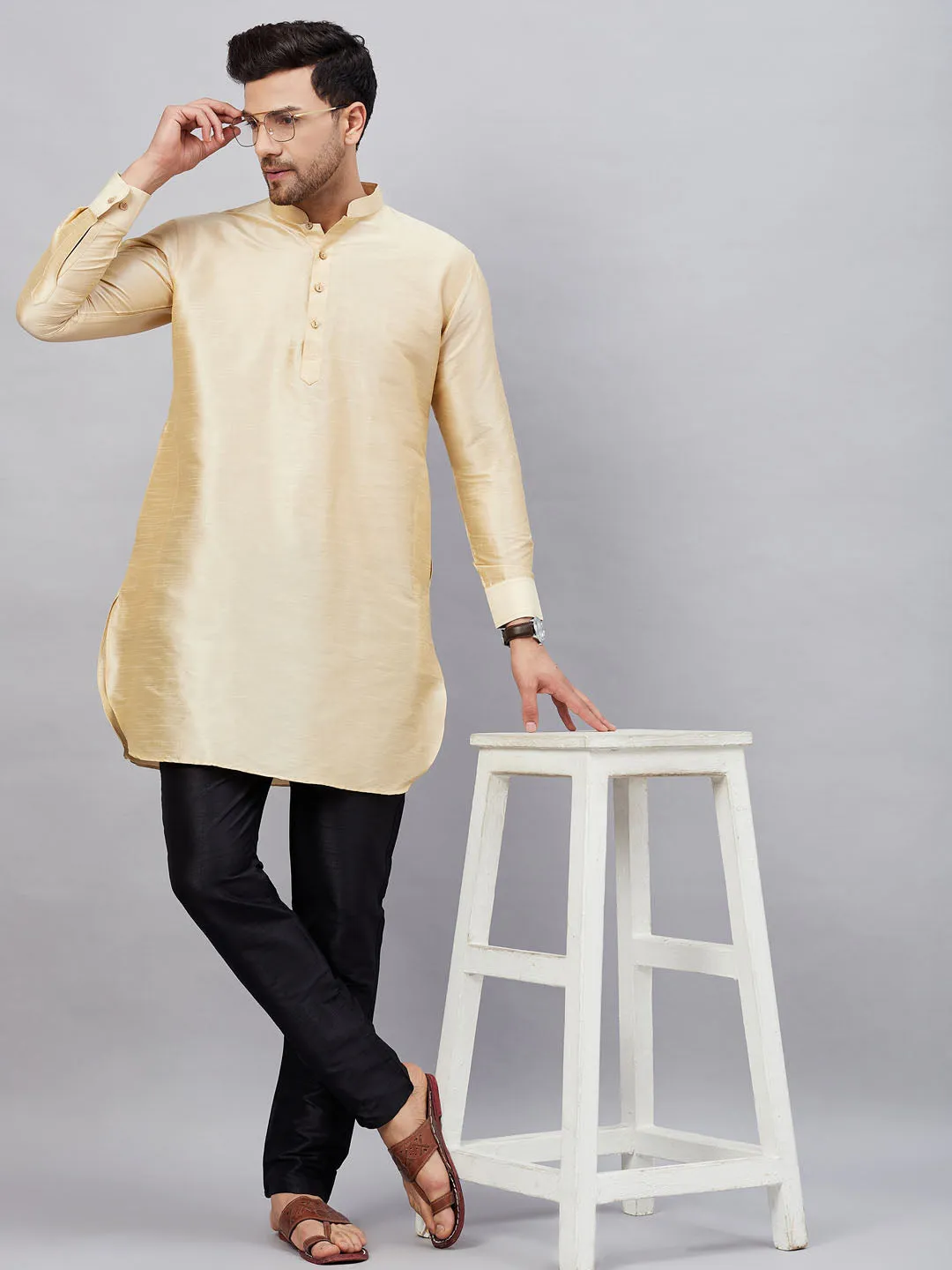 VASTRAMAY Men's Gold Silk Kurta Set