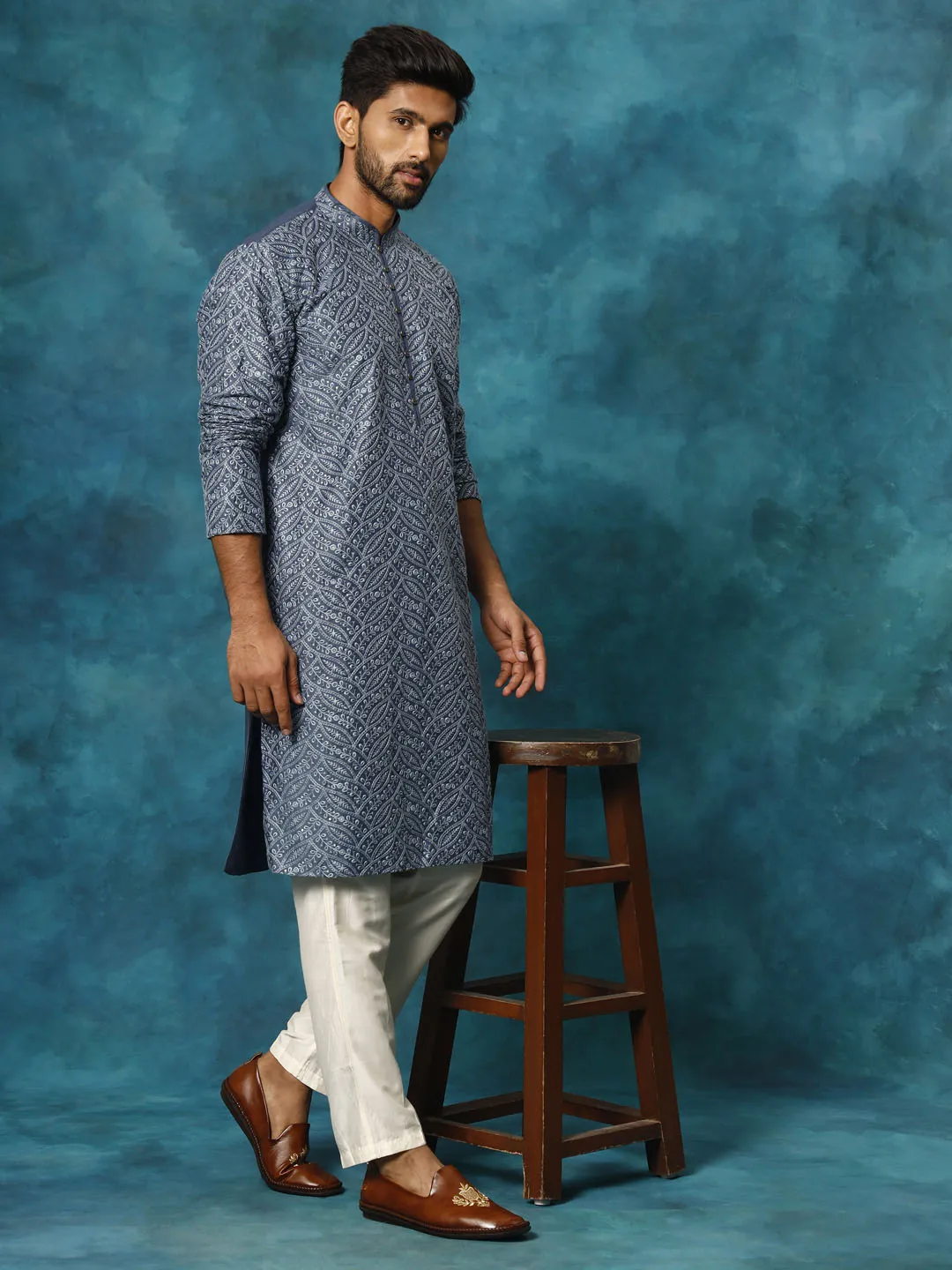 Vastramay Men's Grey Cotton Kurta Set