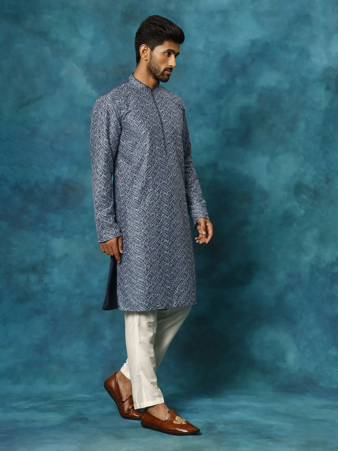 Vastramay Men's Grey Cotton Kurta Set