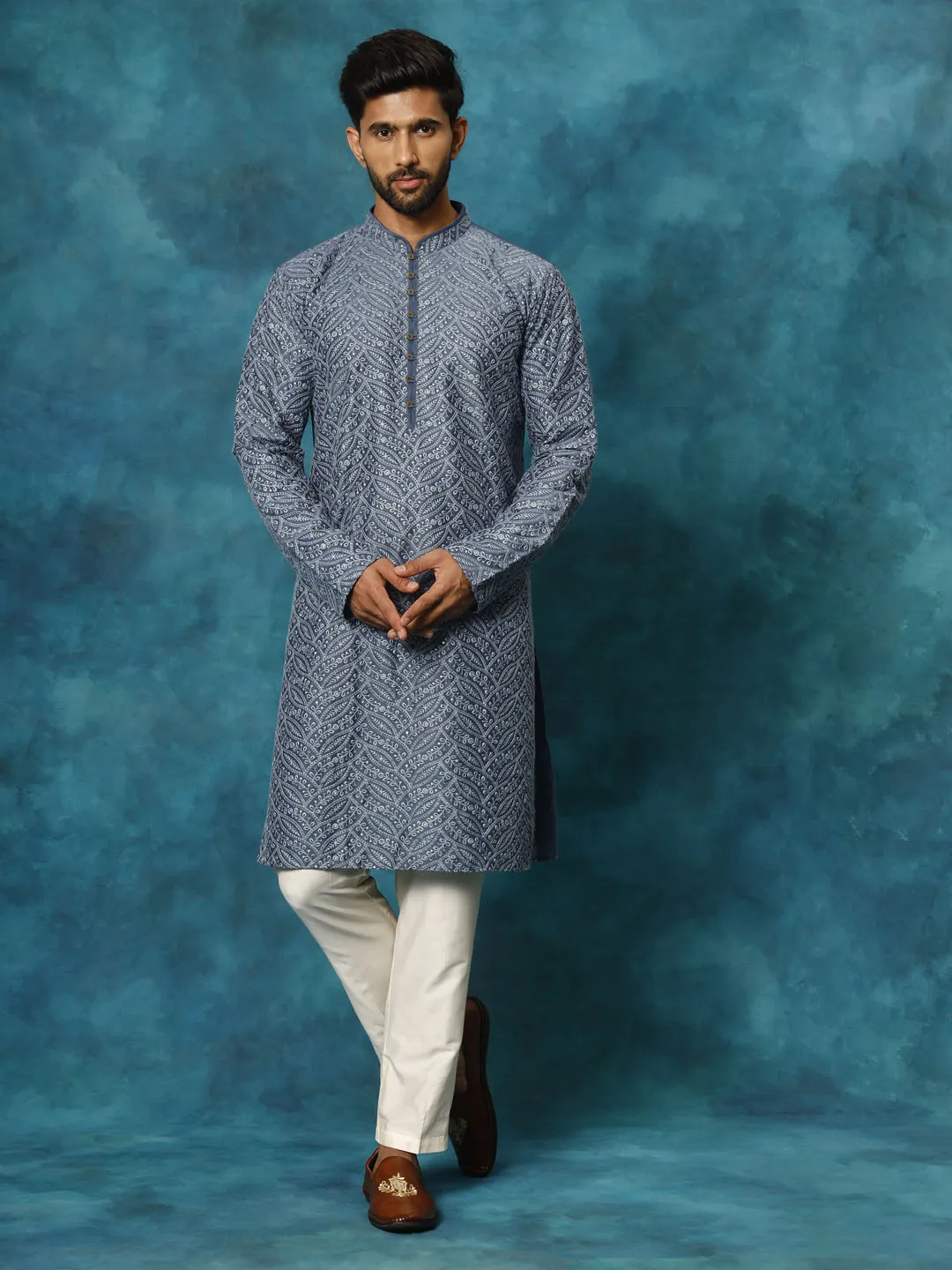 Vastramay Men's Grey Cotton Kurta Set