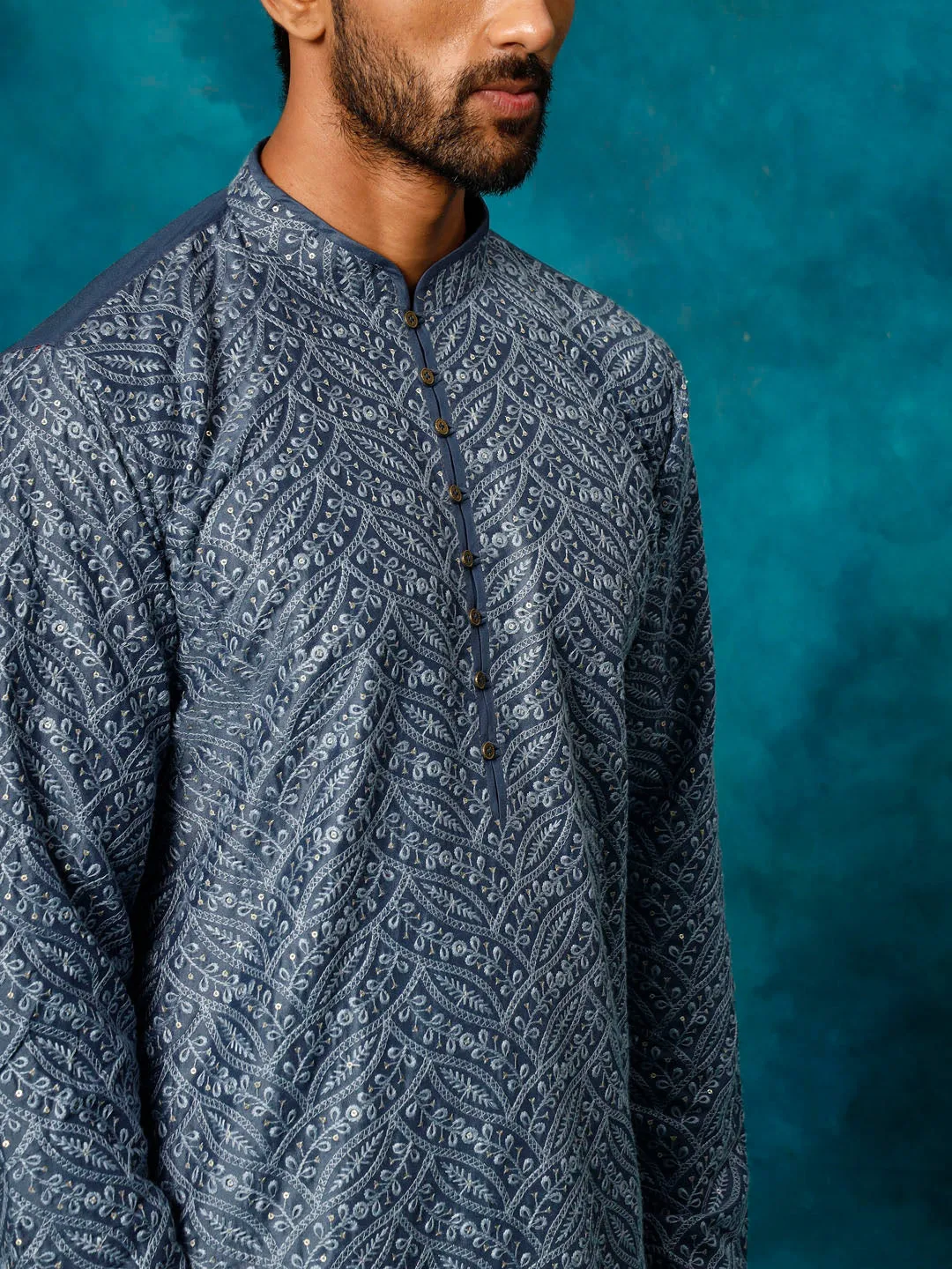 Vastramay Men's Grey Cotton Kurta Set