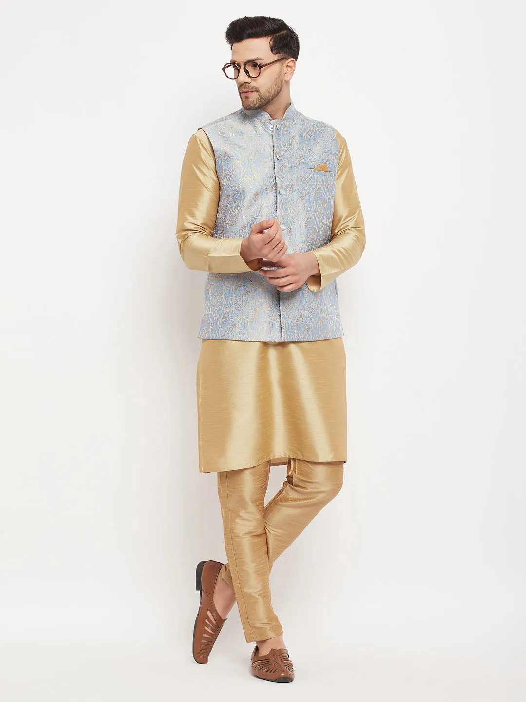 VASTRAMAY Men's Grey Jacquard Kurta Set