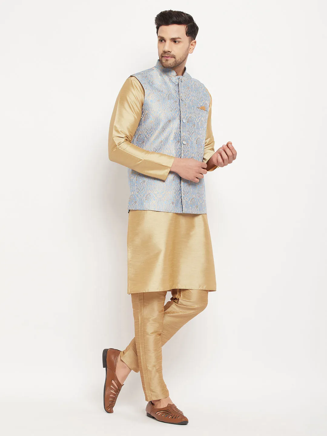 VASTRAMAY Men's Grey Jacquard Kurta Set